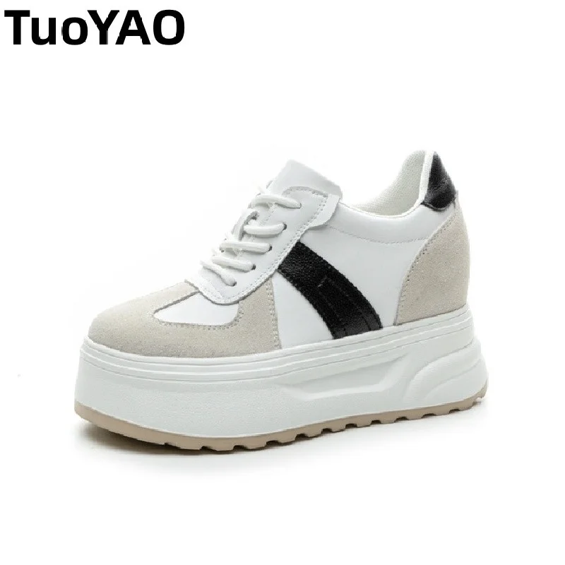 

10cm Genuine Leather Hidden Heel Breathable Chunky Sneakers Spring Autumn Skate Shoes Platform Wedge Sneakers Women Shoes