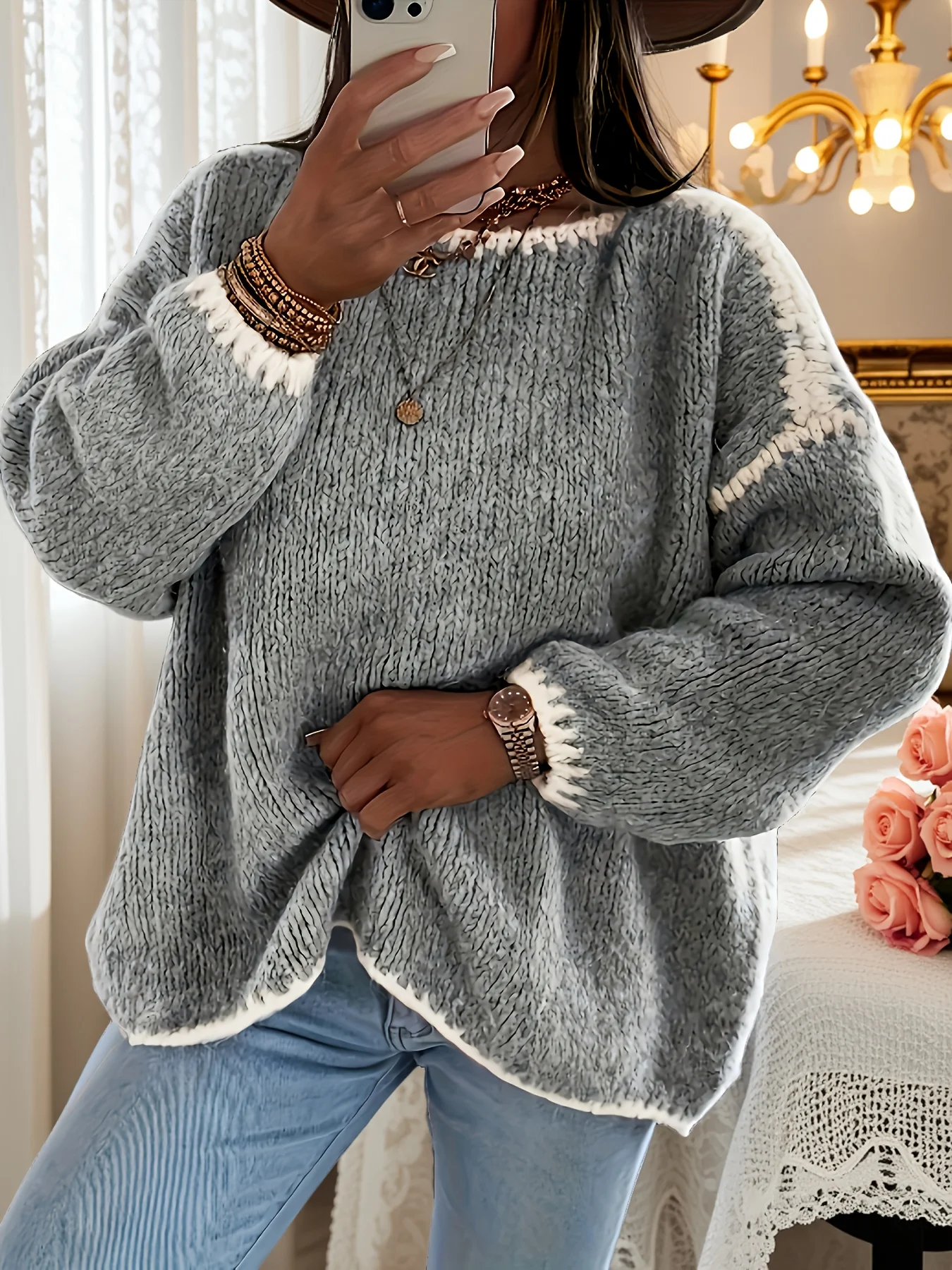Women’s Autumn Winter Color-Block Round Neck Drop-Shoulder Long Sleeve Loose Pullover Sweater, Vintage Casual Knit Jumper Top