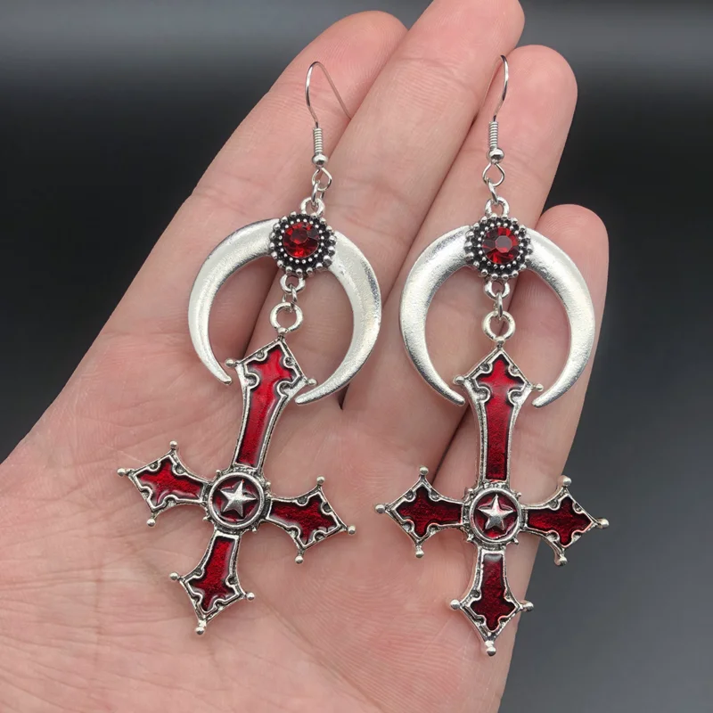 European and American Gothic Retro Blood Cross Moon Pendant Earrings Aesthetic Alt Goth egirl Accessories Jewelry