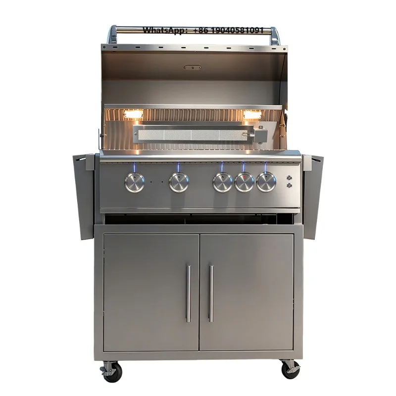Premium Free-standing SUS304 Stainless Steel Outdoor Kitchen Home Garden Party 32 Inch Gas LPG NG BBQ Cooking Grill with Cart