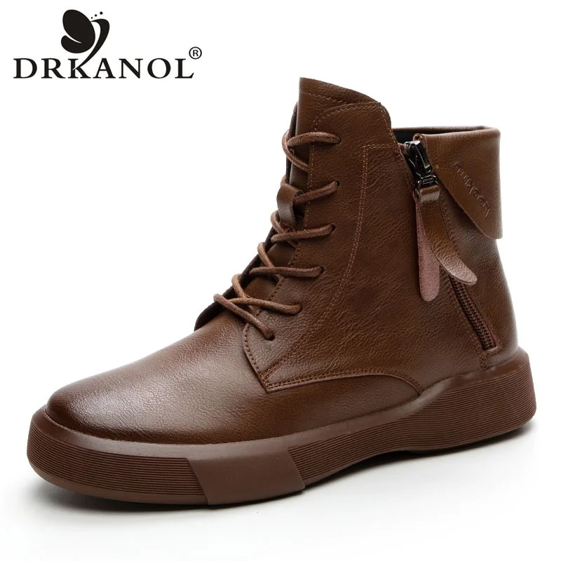 DRKANOL Autumn Winter Warm Shoes Women Flat Heel ankle Boots Quality Real Cowhide Double Zipper Casual Soft Short Cotton Boots