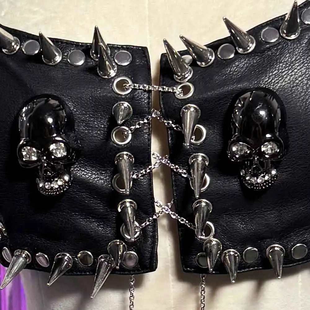 DIY Harajuku Grunge E-Girls Studded Rivet Chain Kawaii Gothic Eco Y2K Vegan Leather TOPS Hand Made 90s Punk Rock Emo Skull