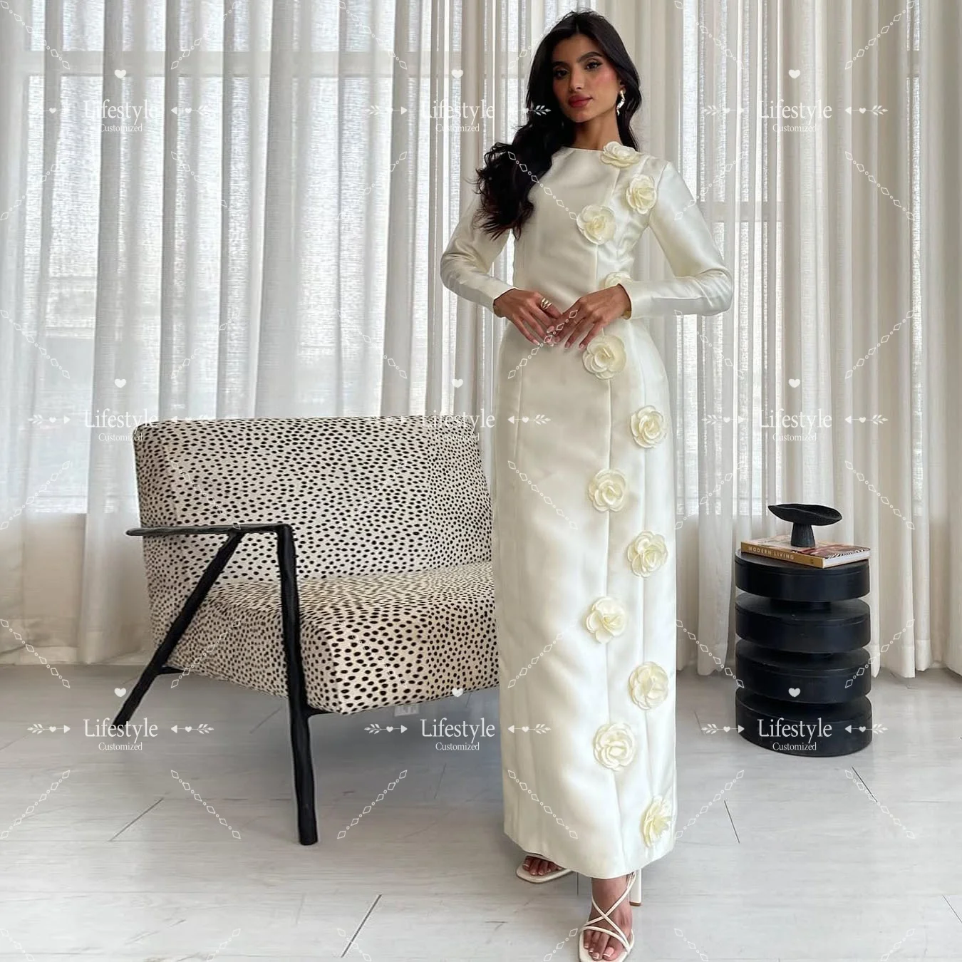 

Индивидуальные цветы с длинными рукавами, платья для выпускного вечера, вечернее платье с разрезом сзади, элегантное вечернее платье высокого качества до щиколотки