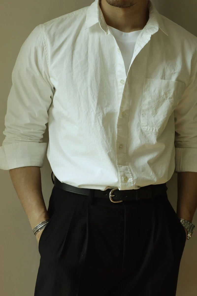 

Мужская рубашка из хлопка и льна в американском стиле, приталенная, с длинным рукавом, для бизнеса и повседневной носки, дышащая, для поездок на работу.