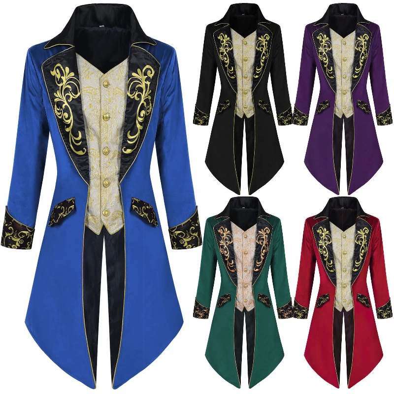 2025 Multi-Color Vintage Print Court Tuxedo for Men,Halloween & Easter Party Steampunk Mens Tailcoat, Medieval Gothic Frock Coat