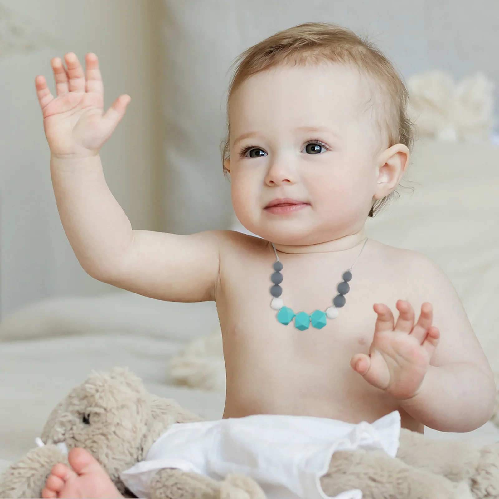 

Детское ожерелье для прорезывания зубов, красочные пищевые силиконовые нетоксичные жевательные бусины для мамы, аксессуары для кормления без рук, прорезыватель