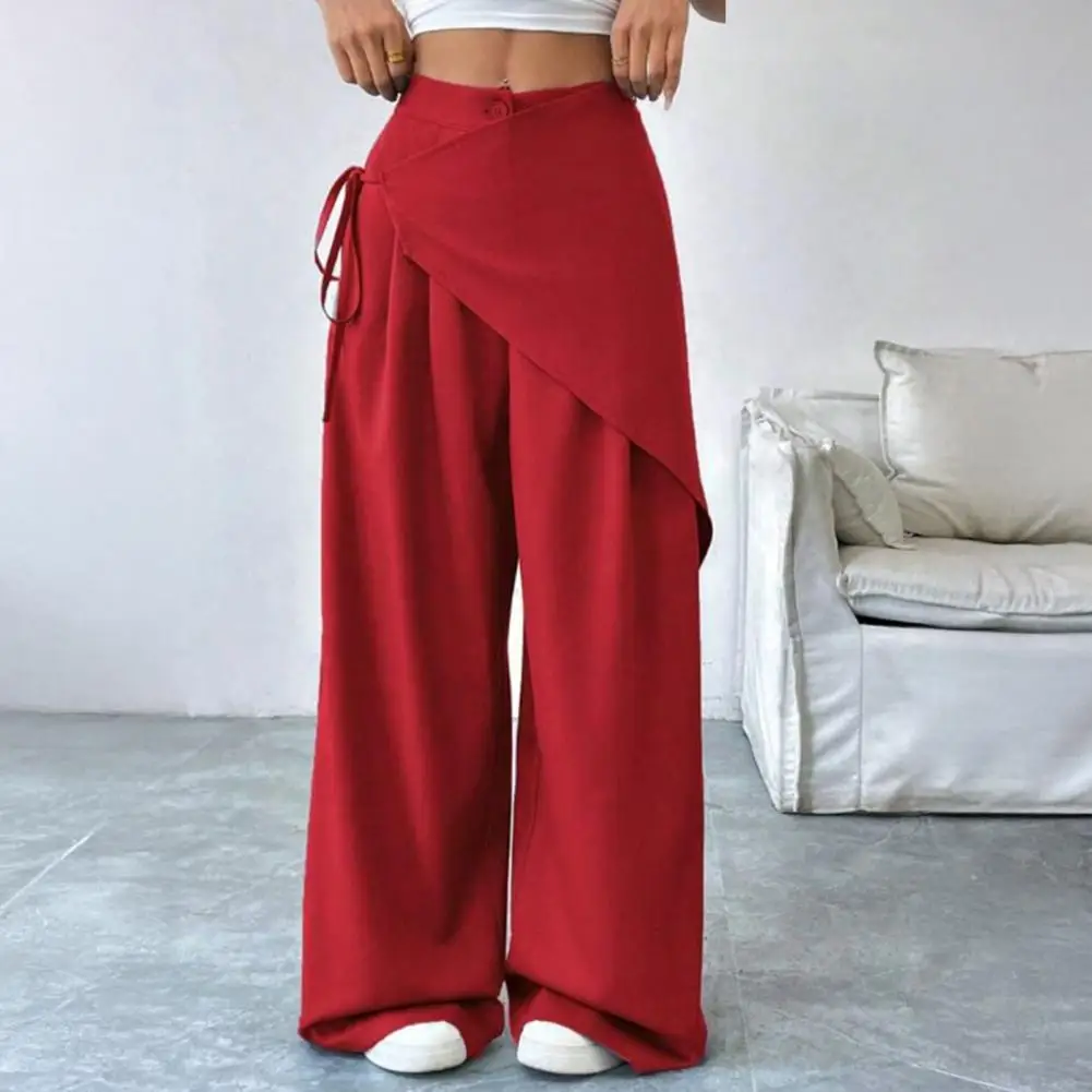 Women Casual Wide Leg Pants Apron Decor Oversized Trousers Elastic Waist Pure Color Daily Commuting Long Pants