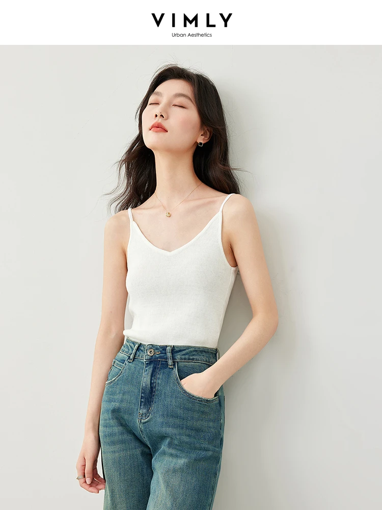 Vimly White V-neck Camis Women 2024 Spring Summer Wool Blend Knit Tops Simple Strecth Casual Basics Spaghetti Strap Top 72936