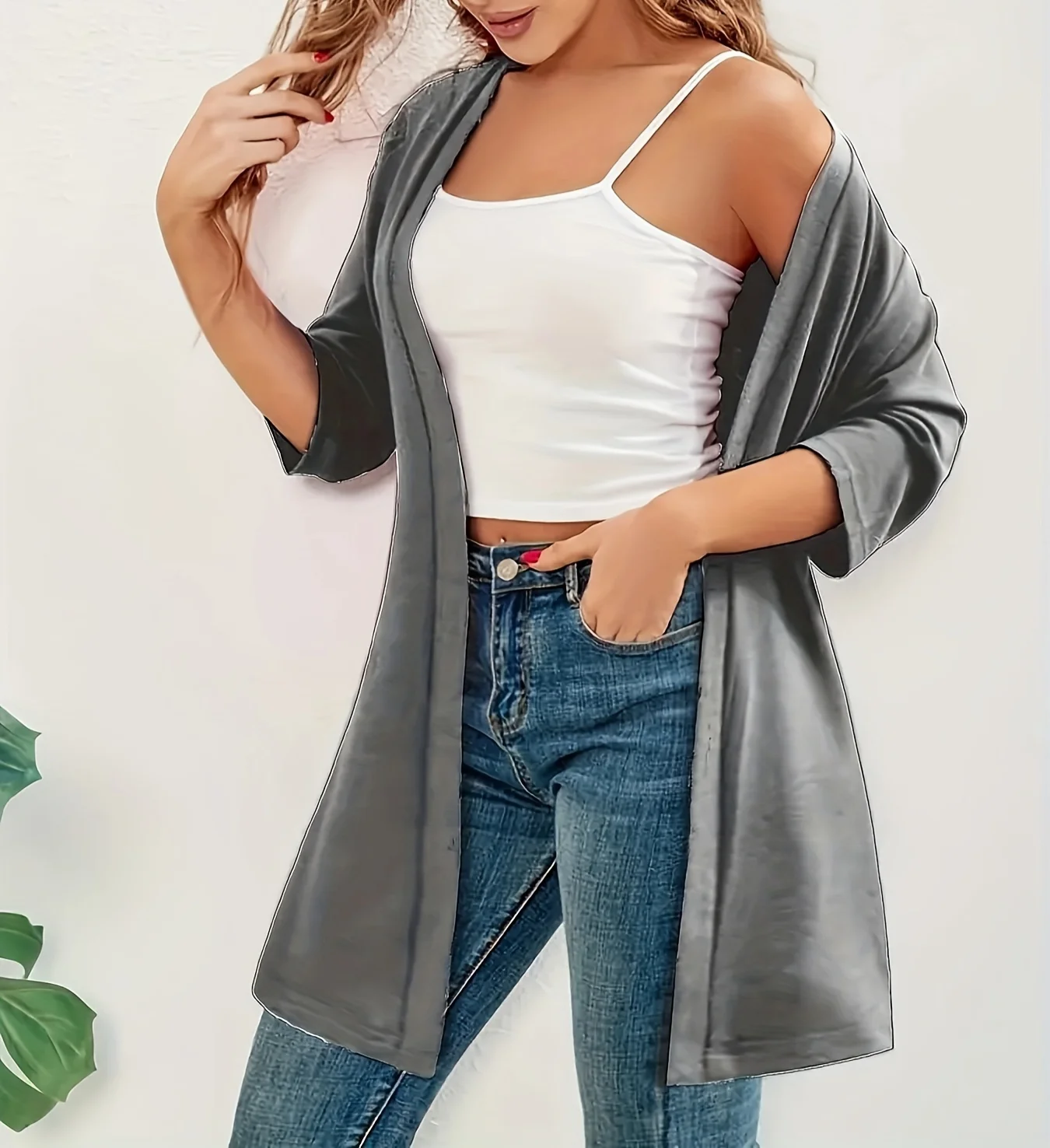 Elegancka europejska i amerykańska moda wiosenno-letnia, szary kardigan z krótkim rękawem, dzianinowa kurtka plus size, prosta.