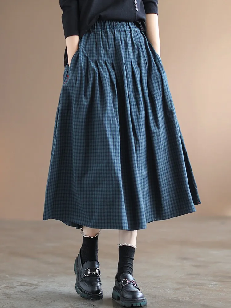 Women Cotton Linen Casual Skirts New Arrival 2022 Spring Vintage Style Plaid Print High Waist Female A-line Long Skirt B1652