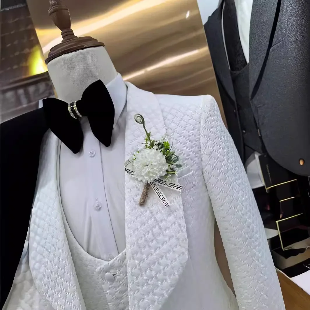 Plaid Jacquard Wedding Suits for Men Slim Fit 3 Pcs Formal Fashion Style Groom Tuxedo 2025 Shawl Lapel Jacket Pants Vest
