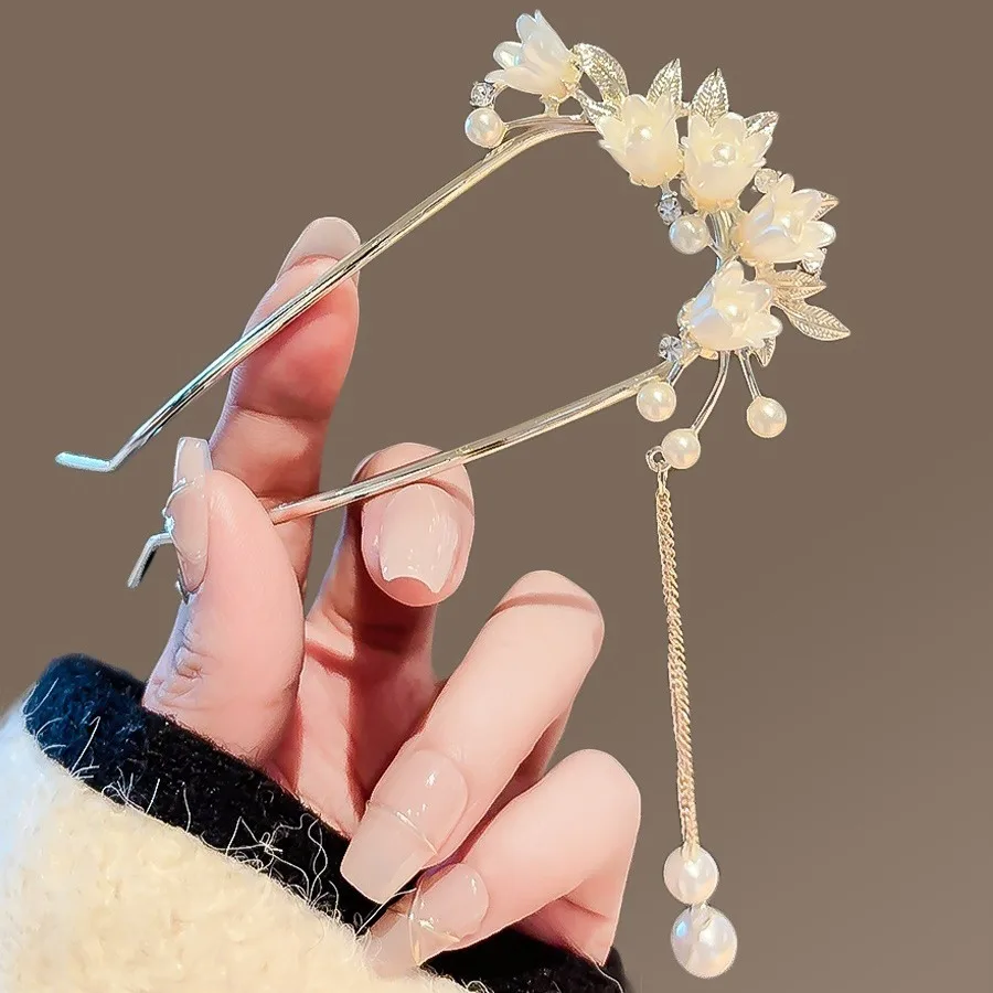 Super Fairy Orchid Pearl Tassel U-shaped Hairpin for Women Chinese Ancient Style Alloy Clasp Elegant Hanfu Headwear