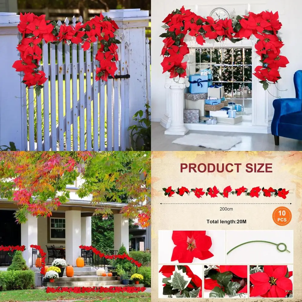 

Artificial Red Poinsettia Garland, 65.62FT, 10 Pieces, Christmas Decorations, Bulk Faux Flowers with Holly Leaves, Indoor Outdoo