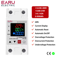 Din Rail Dual Display Adjustable Over Voltage Current and Under Voltage Protective Device Protector Relay 63A 220V 230V KWH