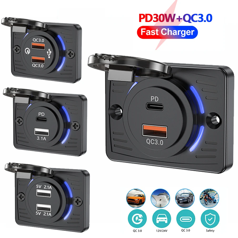 شاحن سريع 12 فولت/24 فولت RV منفذ USB مزدوج USB PD30W + QC3.0 شاحن سيارة لوحة مقابس مقاوم للماء لملحقات شاحنة حافلة RV #1