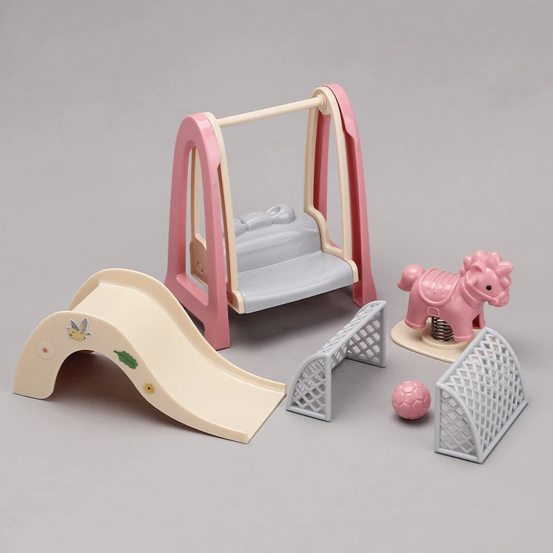 New Doll House Simulation Amusement Park Slide Wooden Horse Swing Miniature Children's Playhouse Toys Accessories Set