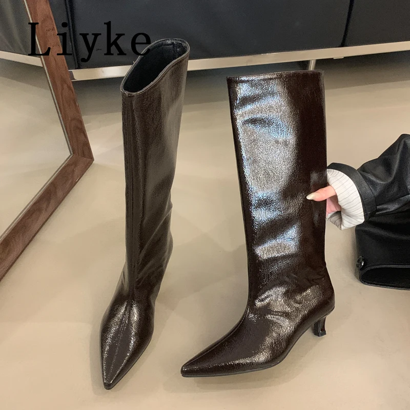 Liyke Sexy Pointed Toe Low Thin Heels Modern Boots Women Cozy PU Leather Knee High Booties Stiletto Runway Shoes Woman Size 40