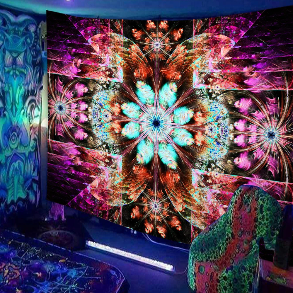 Tapeçaria fluorescente hippie resposta uv psicodélica parede pendurado estilo boho decoração de casa