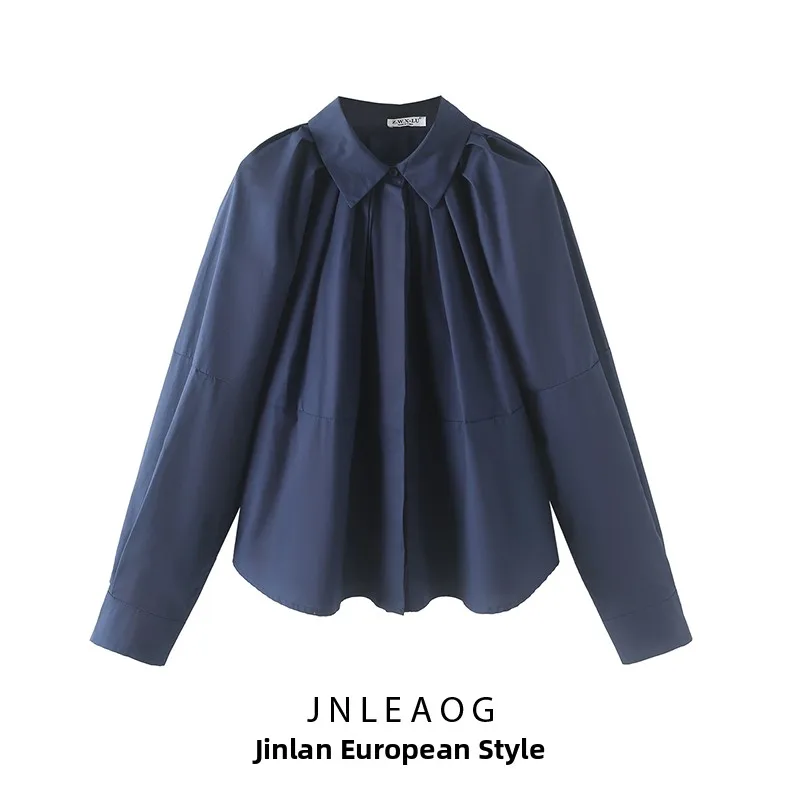 

JNLEAOG New Women's Long Sve irt Gored Decoration e Pleated Design Polyester Fabric Faionable European Sle