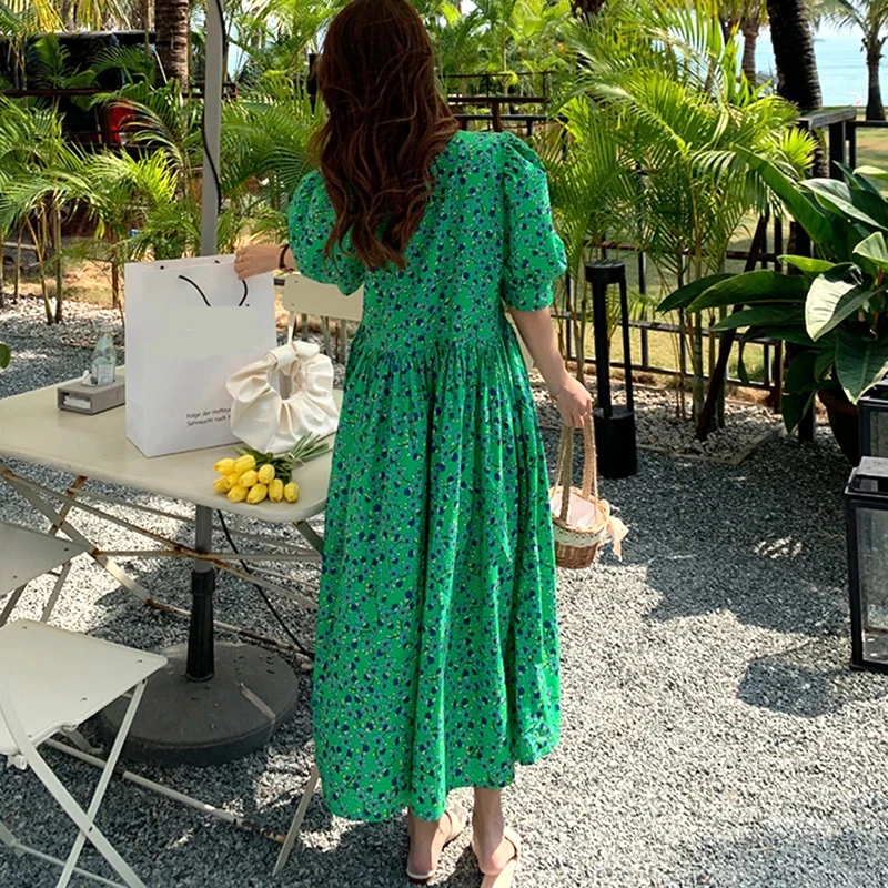 Summer Casual Vestidos Floral Print Dresses Ladies Short Sleeve Retro Long Dress Female 2023 M-4XL Loose Green Women Dress 15686