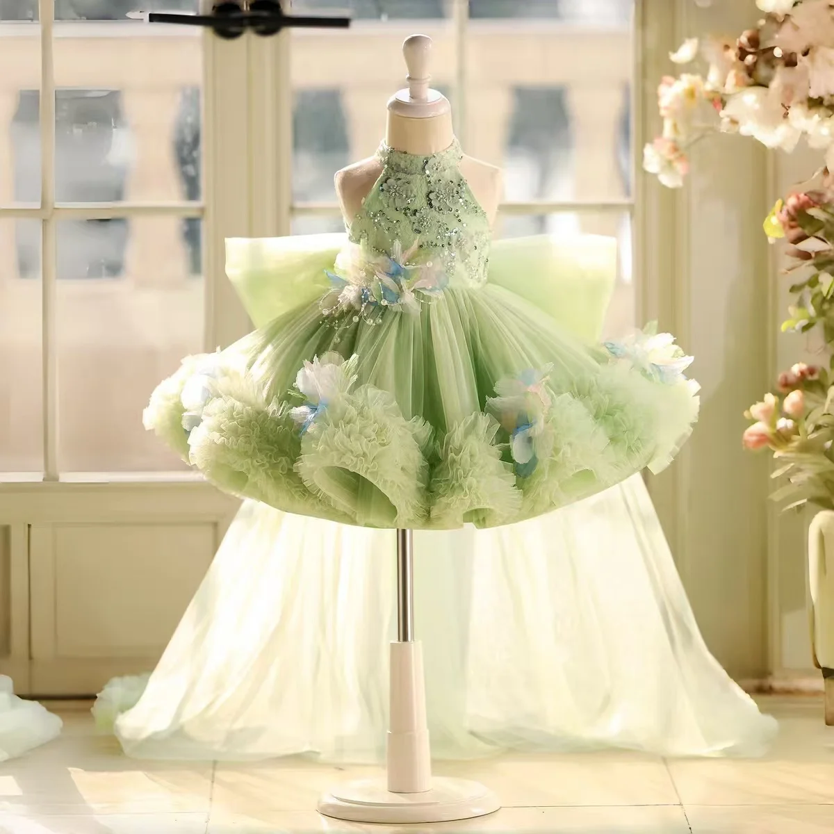 sage green flower girl dress for wedding WHITE/SAGE GREEN JR. BRIDESMAID WEDDING FLOWER GIRL DRESS 18M 2 4 5/6 8 10 12