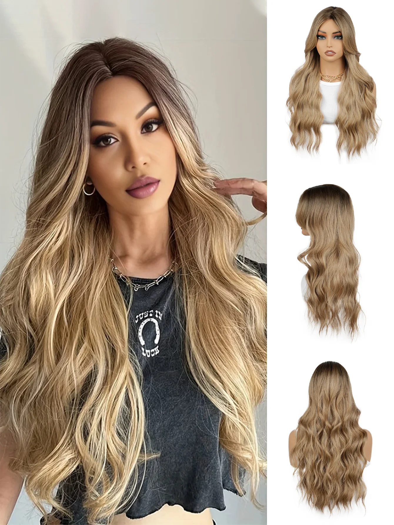 شعر صناعي طويل مموج ذهبي بني، شعر مستعار عالي الجودة 26 بوصة للنساء، يستخدم للاستخدام اليومي والكوسبلاي وعيد الميلاد وما إلى ذلك.