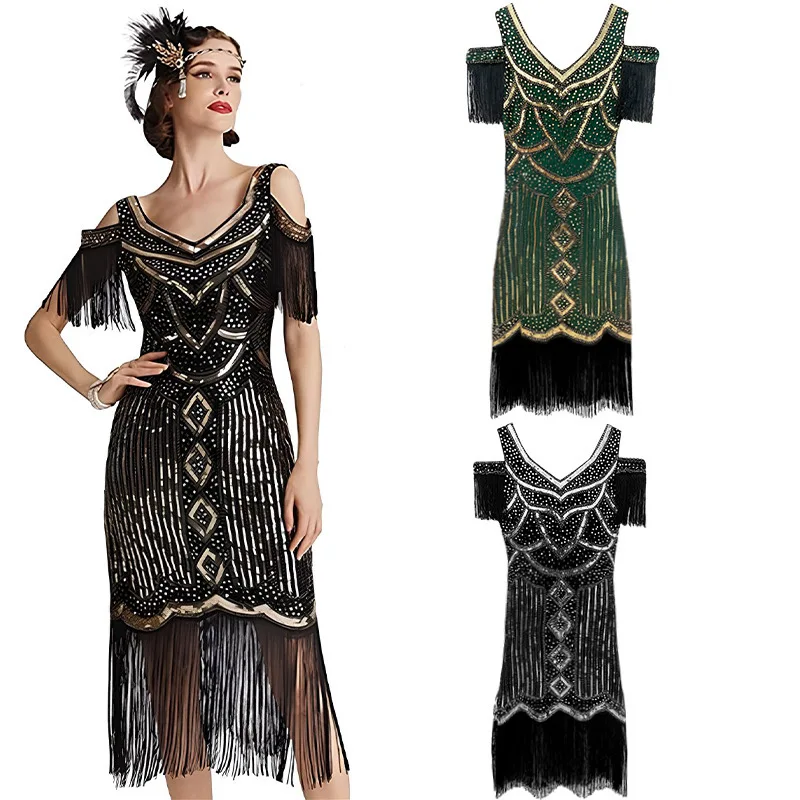 1920s Retro Women Sequin Triangle Hem Midi Dress senza spalline nappa Gatsby elegante Evening Party Costume outfit Halloween Cosplay