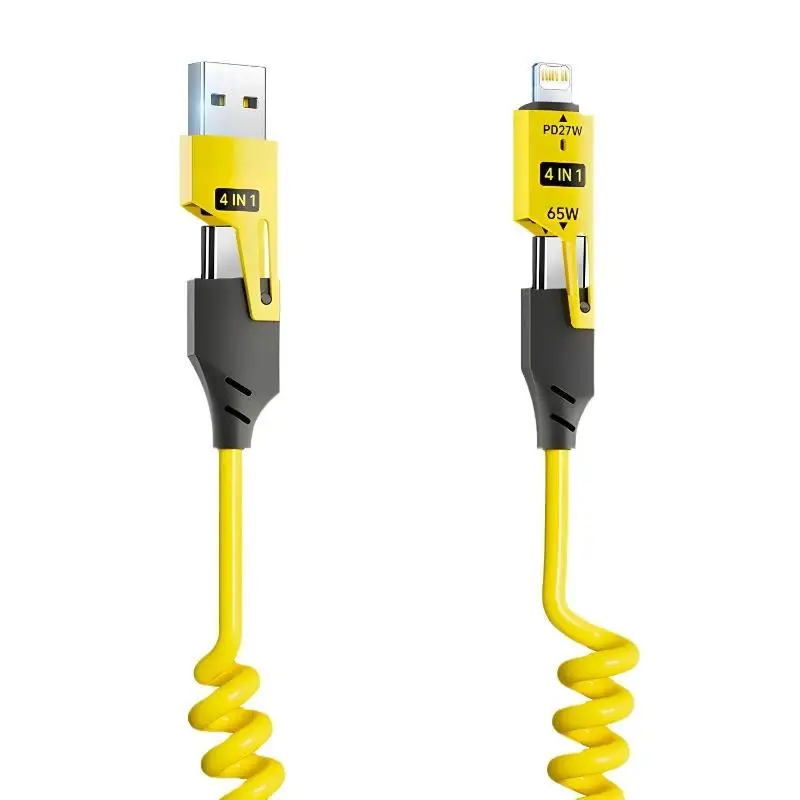 65W 4 In 1 Spring Short Data Cable 6A USB Type C Spring Telescopic Quick Charger Wire Spring USB Cable For iPhone Samsung Redmi