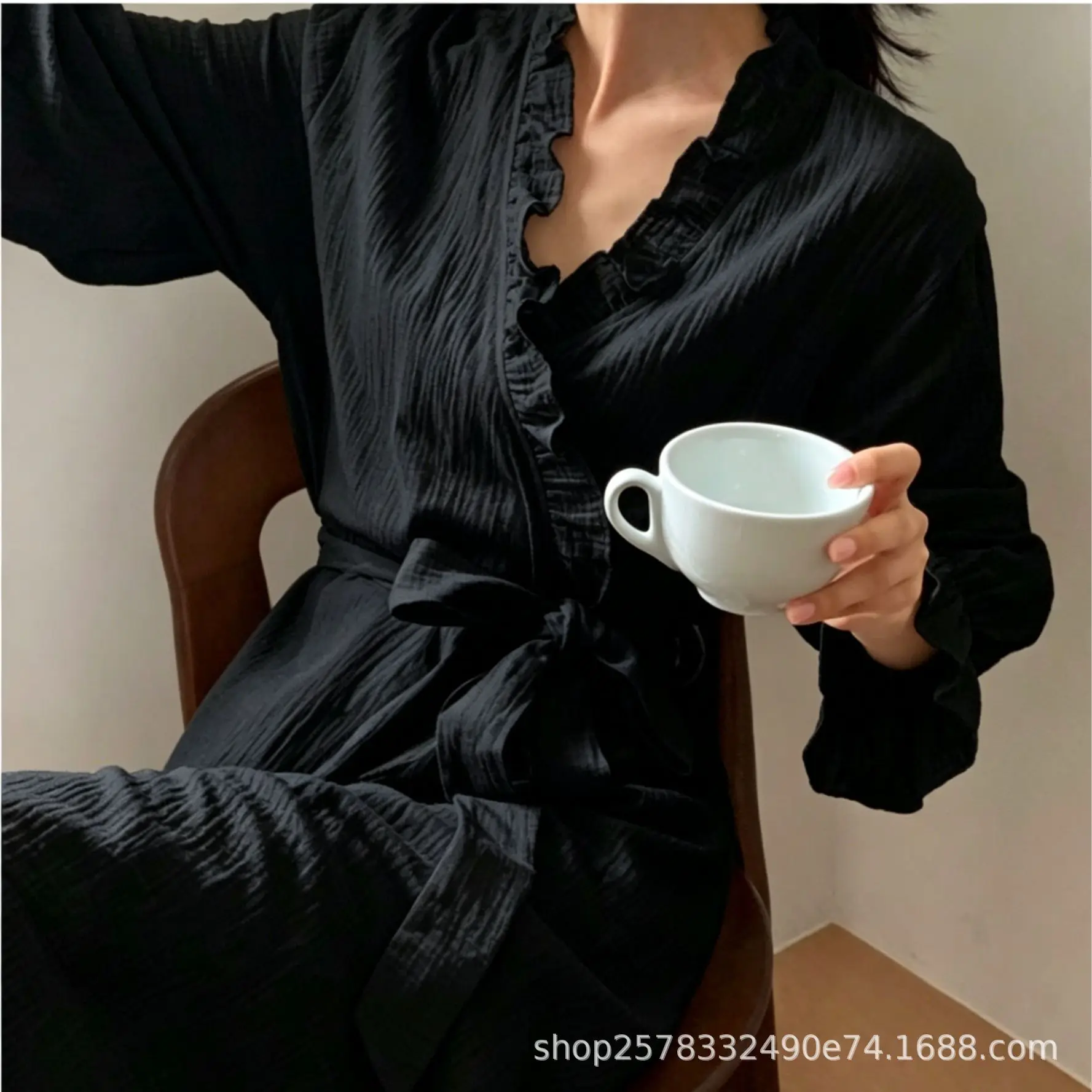 New Spring Summer Long Bathrobe Pajama Women Pajama Robe Lady Girl Student WomenPure Color Scalloped Edge Sleepwear Robe Pajama