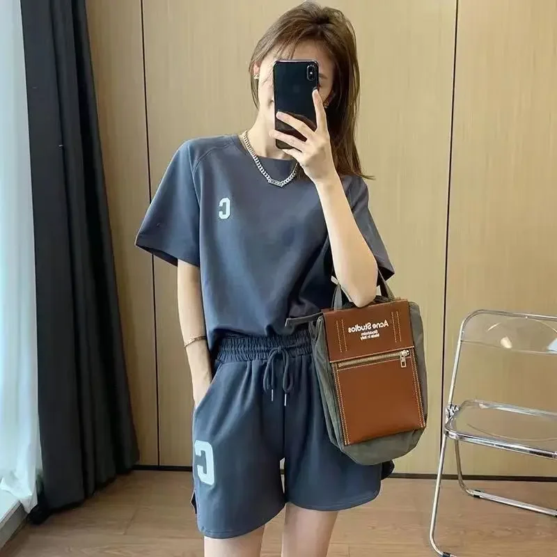 Casual Sports Suits Women Summer Short T-shirt Tops Wide Leg Shorts Fashion Running Two Piece Sets Womens Clothing Sporty Outfit