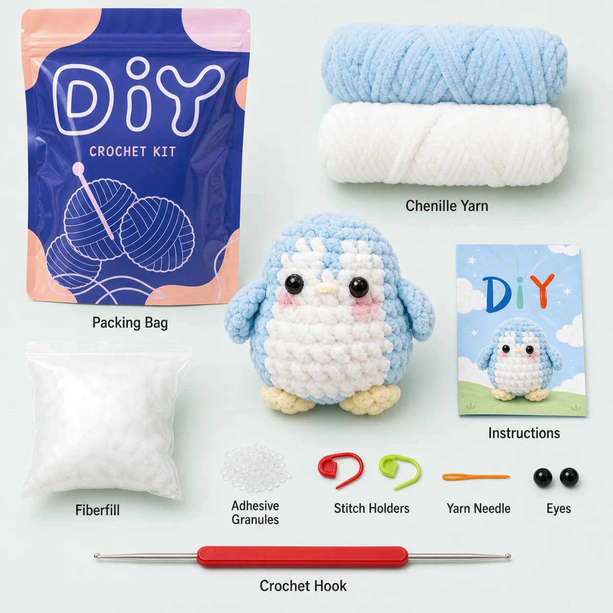 Blaues Pinguin-Häkelset für Anfänger Chenille-Garn DIY-Bastelset mit Schritt-für-Schritt-Anleitung – Detail 1