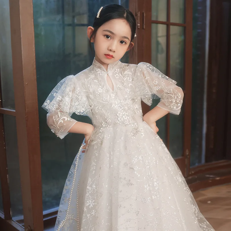 Kids Dresses Girl Elegant Long Prom Green Tulle Gowns Sequin Lace Children Graduation Dress Teen Wedding Party Bridesmaid Robe