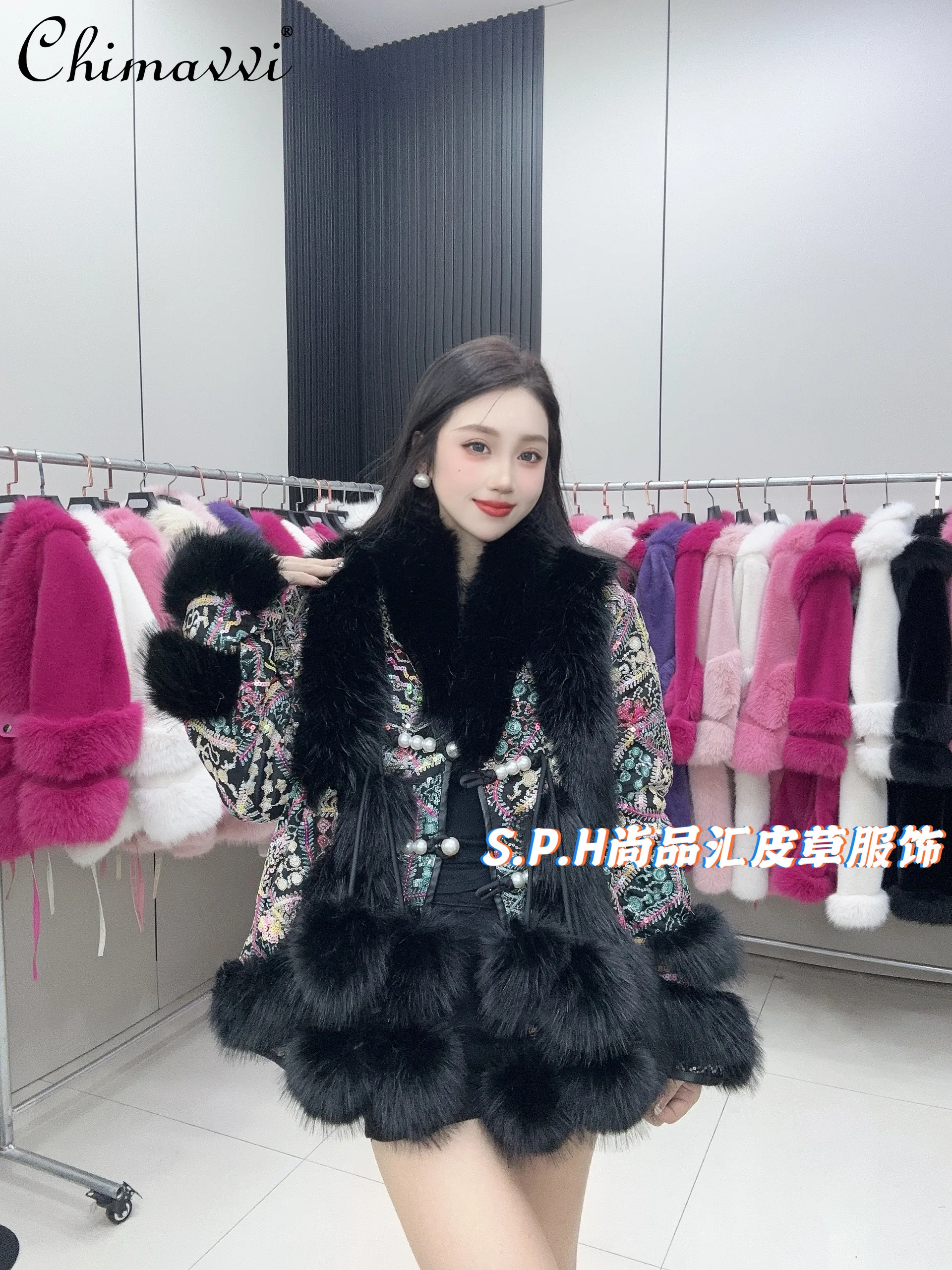 Winter New Heavy Industry Sequined Fur Coat Women\'s Light Luxury Long-sleeved Mid-length Thickened Cotton Warm Faux Fur Jackets