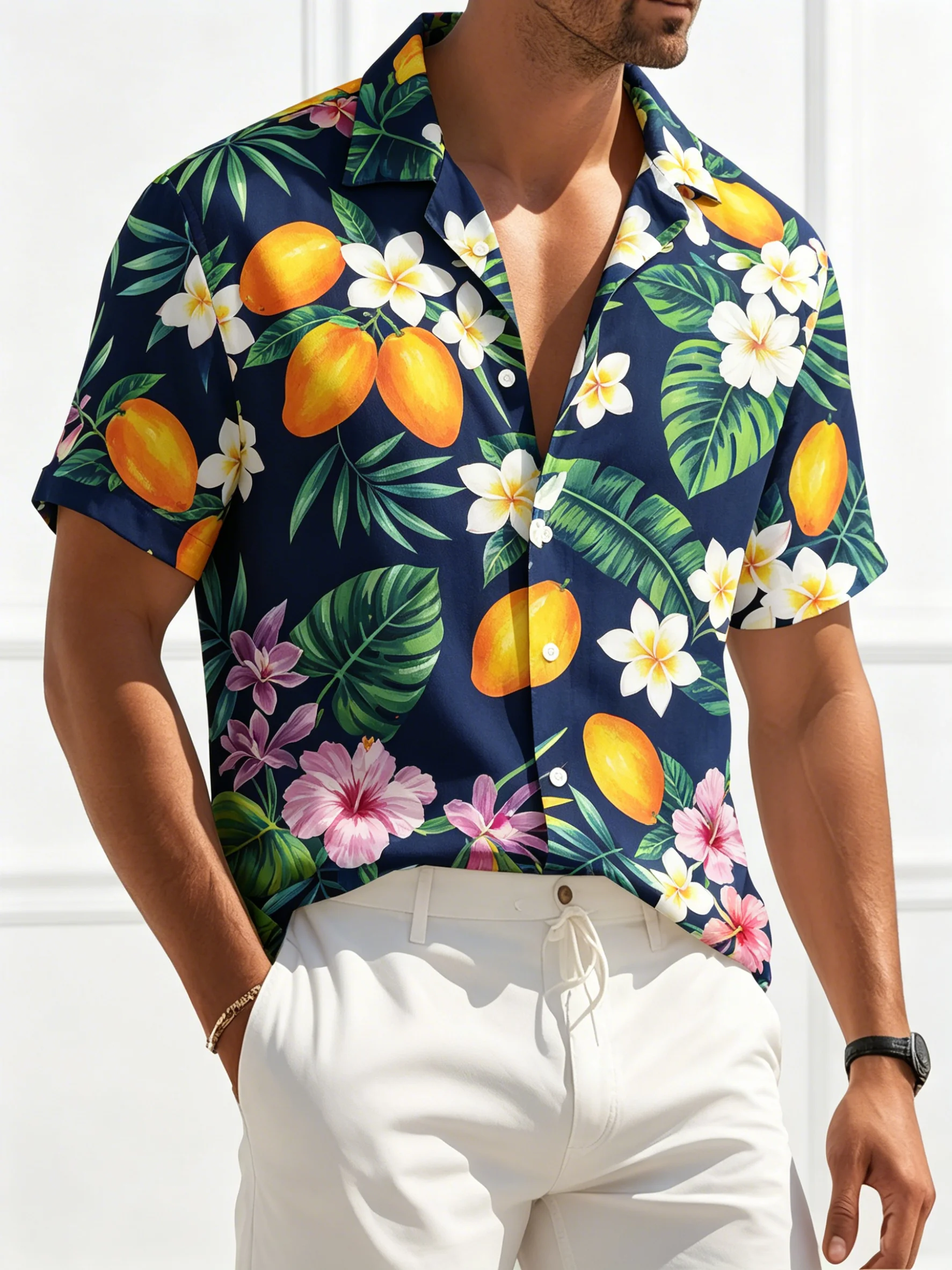 Men's Charcoal Tropical Hibiscus & Orchid Print Button Up Shirt, Turndown Collar Hawaiian Tops For Spring Summer Daily Wear
