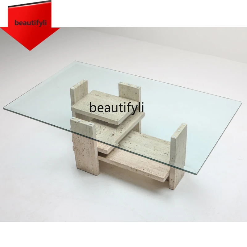 Mesa de centro de cristal rectangular con Base de piedra Irregular estilo Wabi-Sabi A38 Yuan'an mesa de centro para sala de estar