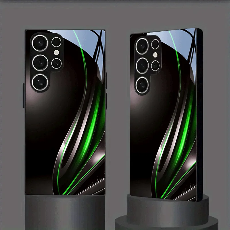 Matte black green patterned glass phone case suitable for Samsung Galaxy S26 S25 S24 S22 S21 S20 FE/Ultra/Plus anti drop