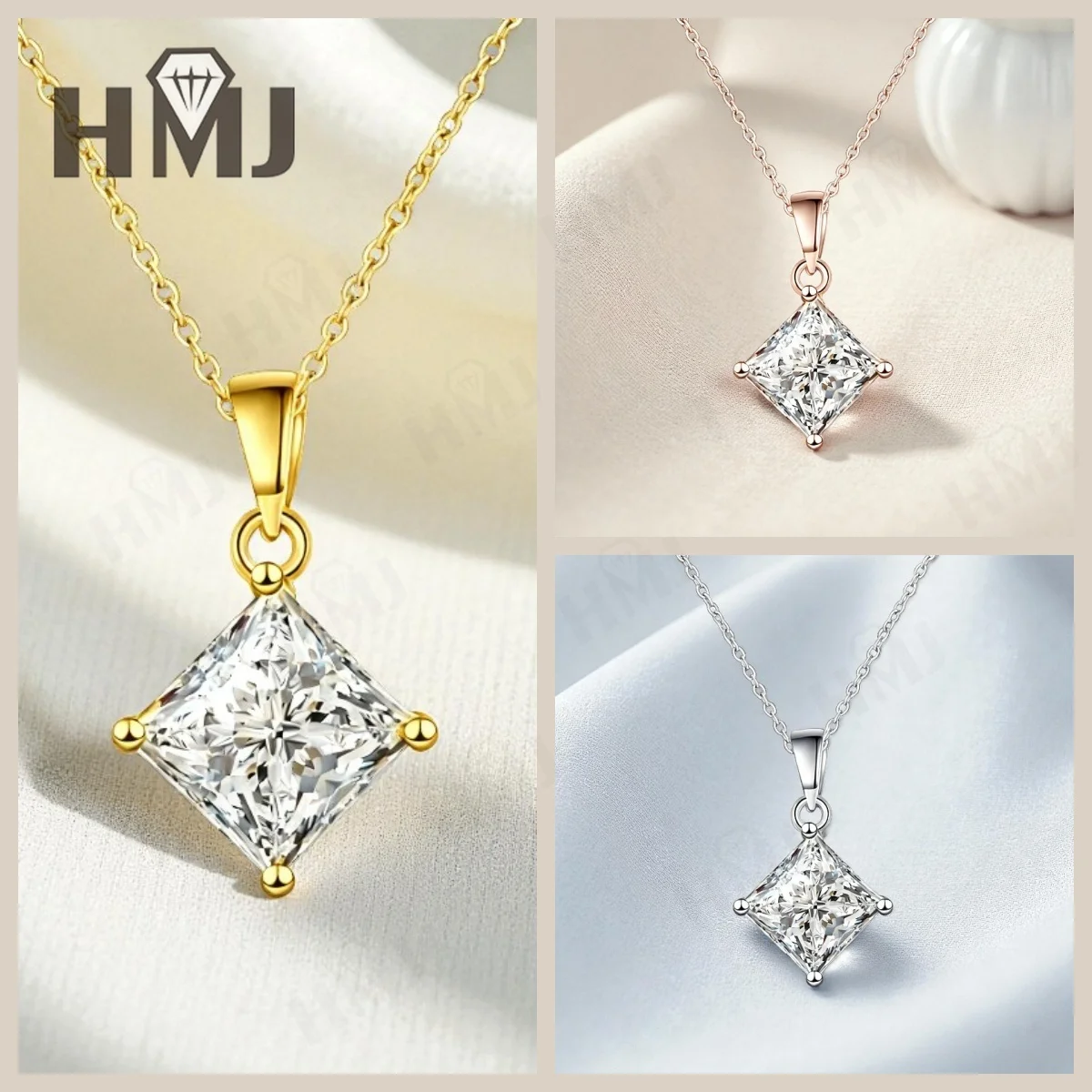Klassische Halskette im Princess-Schliff, 1/2/3 Karat, D-Farbe, Moissanit, S925, vergoldet, weiße, gelbe und roségoldene Kette für Verlobung, Weihnachten, Charm – Detail 3