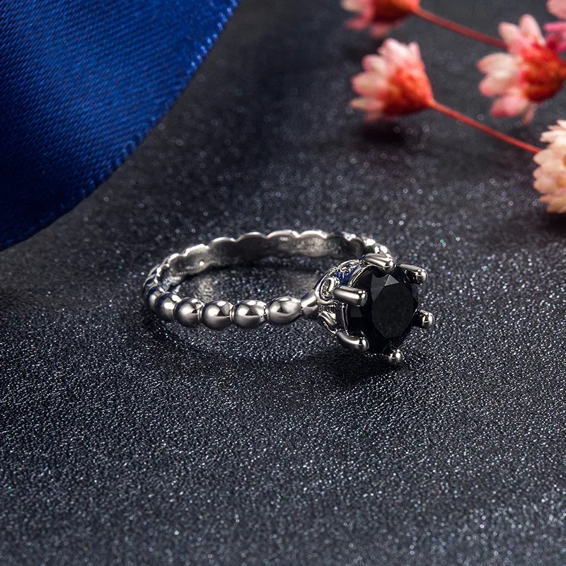 FUIHETYS Women Ring 925 Silver Jewelry Round Shape Obsidian Gemstone Finger Rings for Wedding Engagement Party Gift Accessories