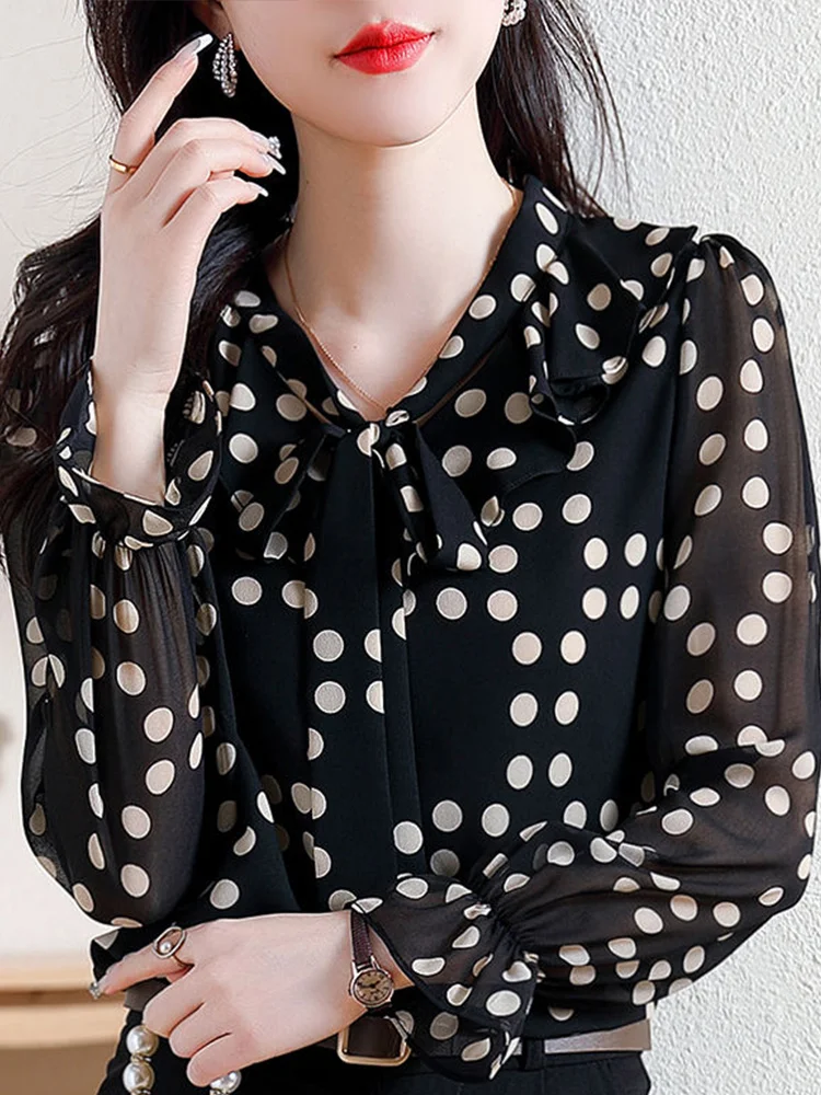 Summer Elegant Fashion Chic Sophisticated Shirt Office Lady Bow Three Quarters Sleeve V Neck Polka Dot Loose Casual Drape Top