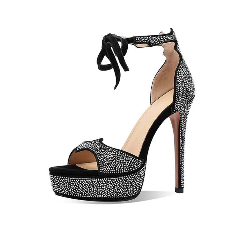 

Summer New Round Head Waterproof Platform Water Diamond Strap Sandals with Thin High Heels Banquet Dress Versatile Women's Shoes