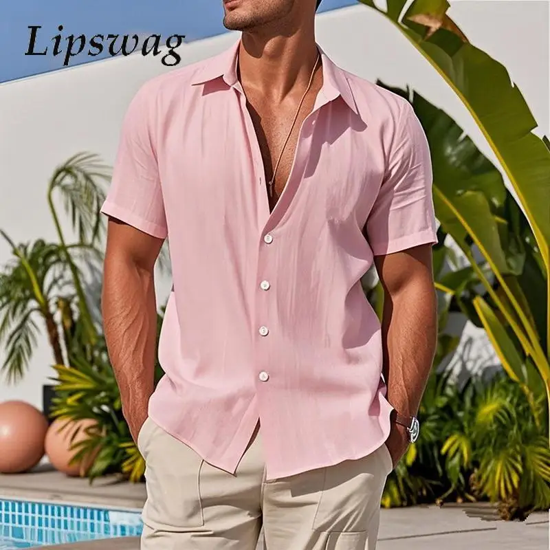 

Stylish Solid Color Short Sleeve Linen Shirt For Men Daily Leisure Breathable Shirts Vacation Seaside Beach Casual Shirts Mens