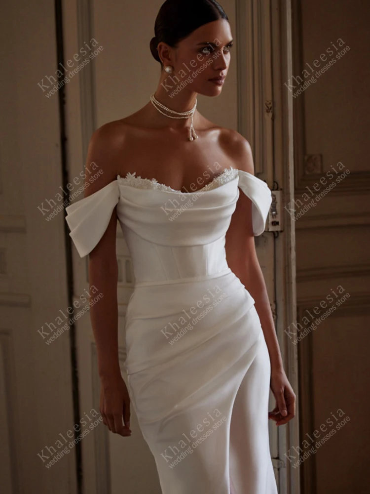 Einfache Brautkleider aus Satin, elegante Roben für formelle Partys, schulterfrei, hoher Schlitz, Vestidos de Novia, individuell gestaltet