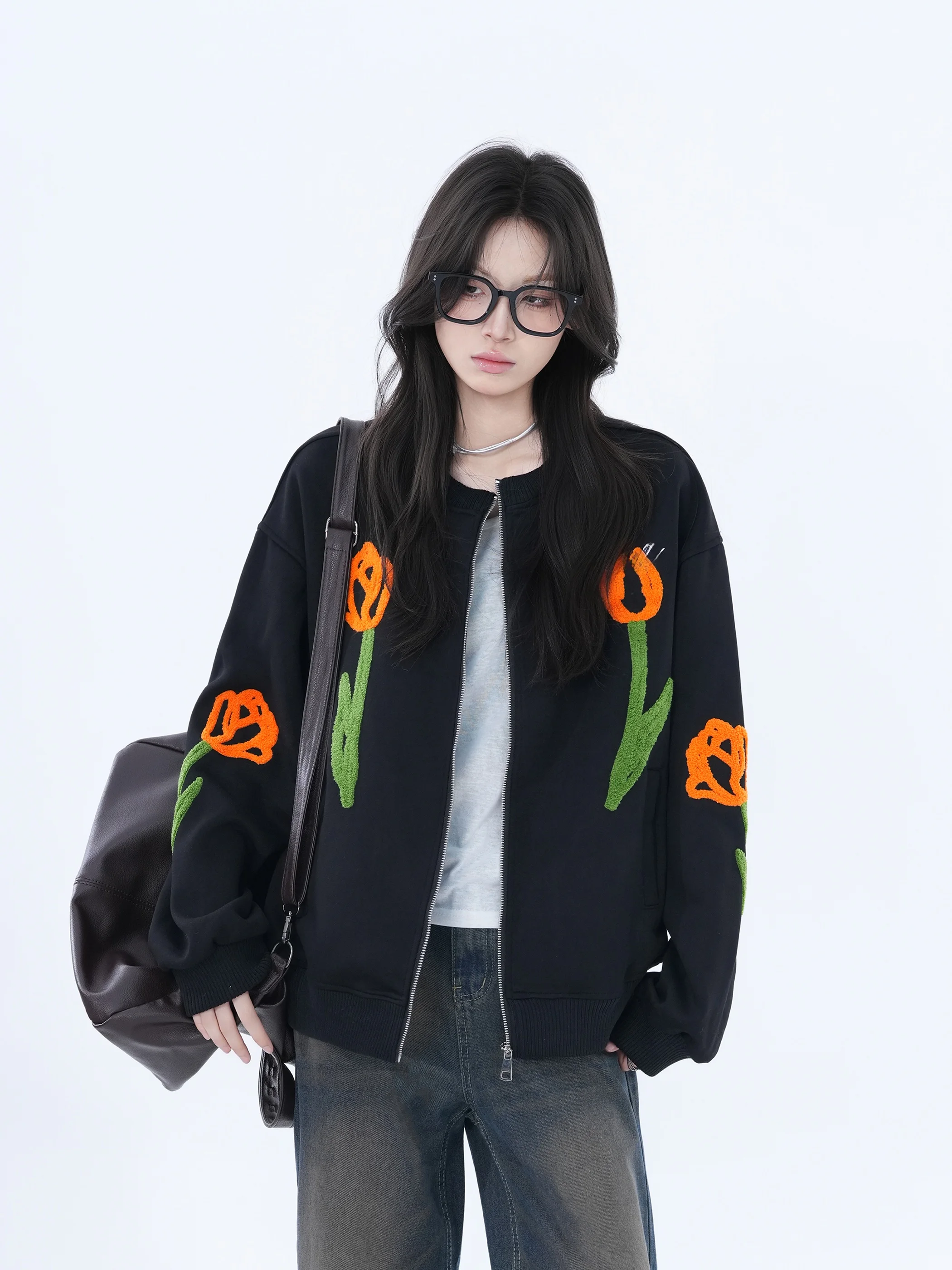 

Retro American Tulip Towel Embroidered Jaet Loose Fit ex Casual Outerwear for Couples Youth Faion Polyester Fiber