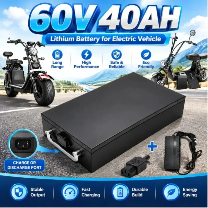 60V 40Ah Lithium-Akkupack für Elektromotorräder, 2000W Hochleistungsmotor, geeignet für Harley Davidson, faltbare Citycoco-Elektro-Scooter, inklusive kostenlosem Ladegerät