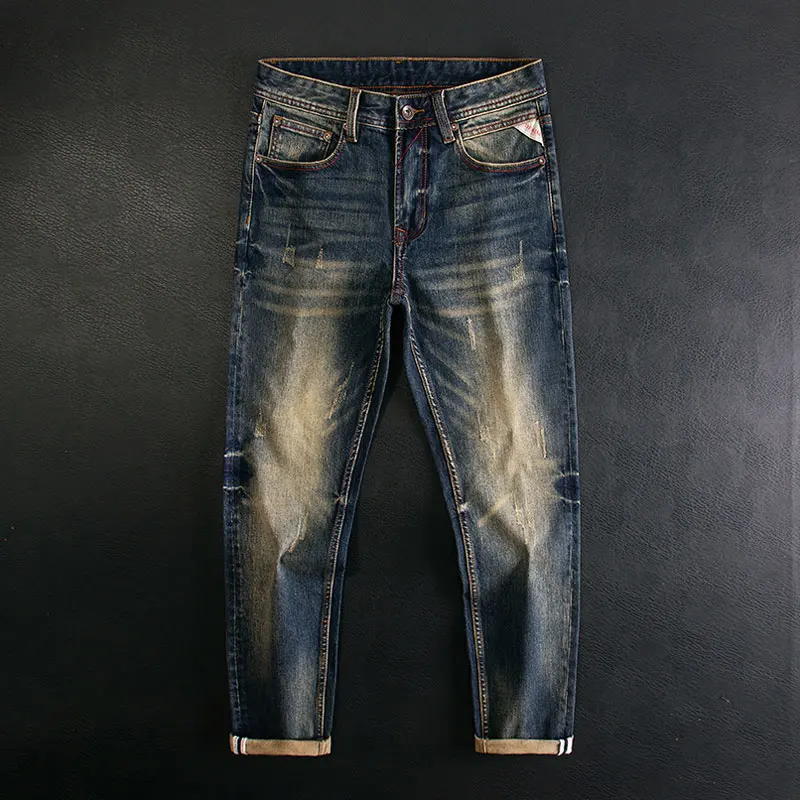 

Fashion Designer Men Jeans Retro Washed Blue Stretch Slim Fit Ripped Jeans Men Italian Style Vintage Denim Pants Hombre
