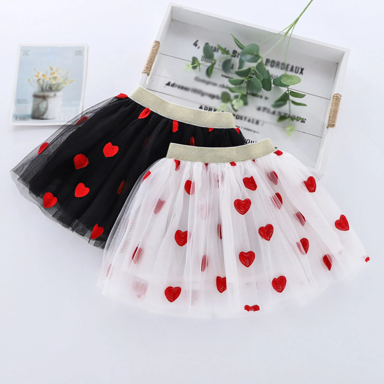 Valentine'S Day Embroidered Love Half-Body Skirt Children'S Skirt Girls Mesh Peplum Waist Skirt Pleated Party Dance Clothes