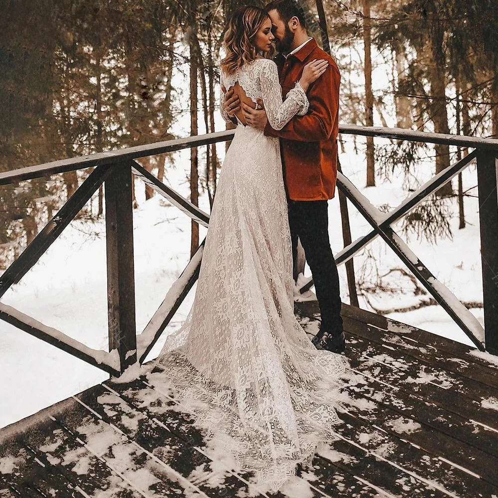 Customized  Long Sleeves Floral Lace V Neck Boho Wedding Dress Deep Open Back Modest Rustic Civil Bridal Gown Vestidos De Novia