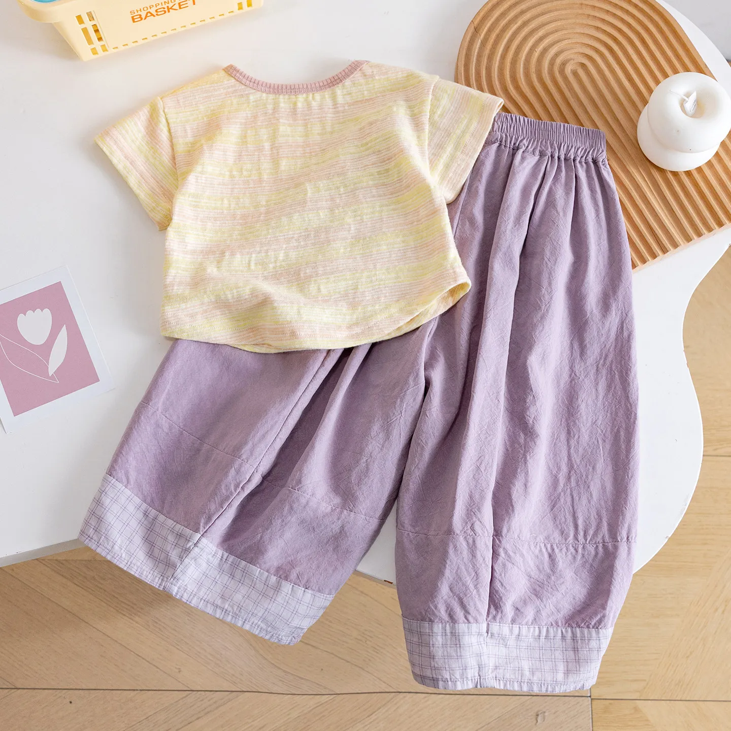 Girls Short-Sleeve Set 2026 Summer New Gradient Stripe T-Shirt with Purple Straight Pants Sweet and Cute Two-Piece Set