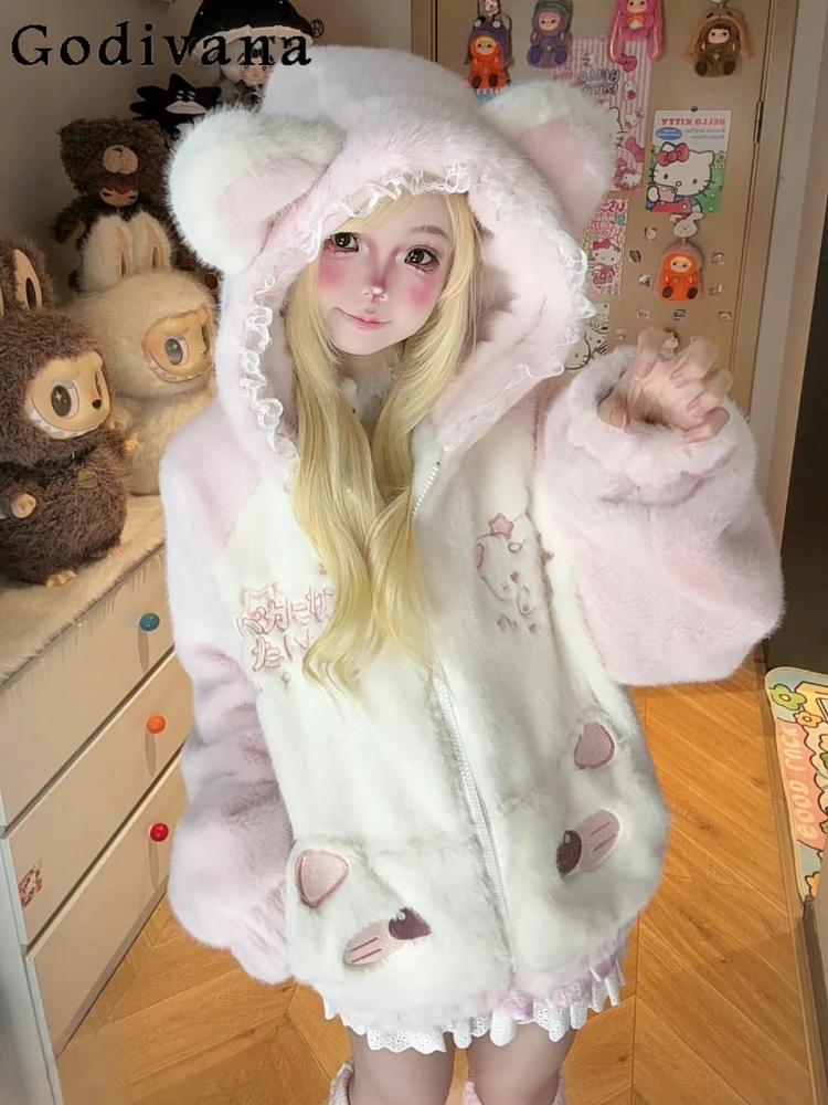 

Original Winter New Girl's Kawaii Cat Ear Hooded Plush Jacket Women's Loose Slimming Cute Cartoon Embroidery Y2K Faux Fur Jacket