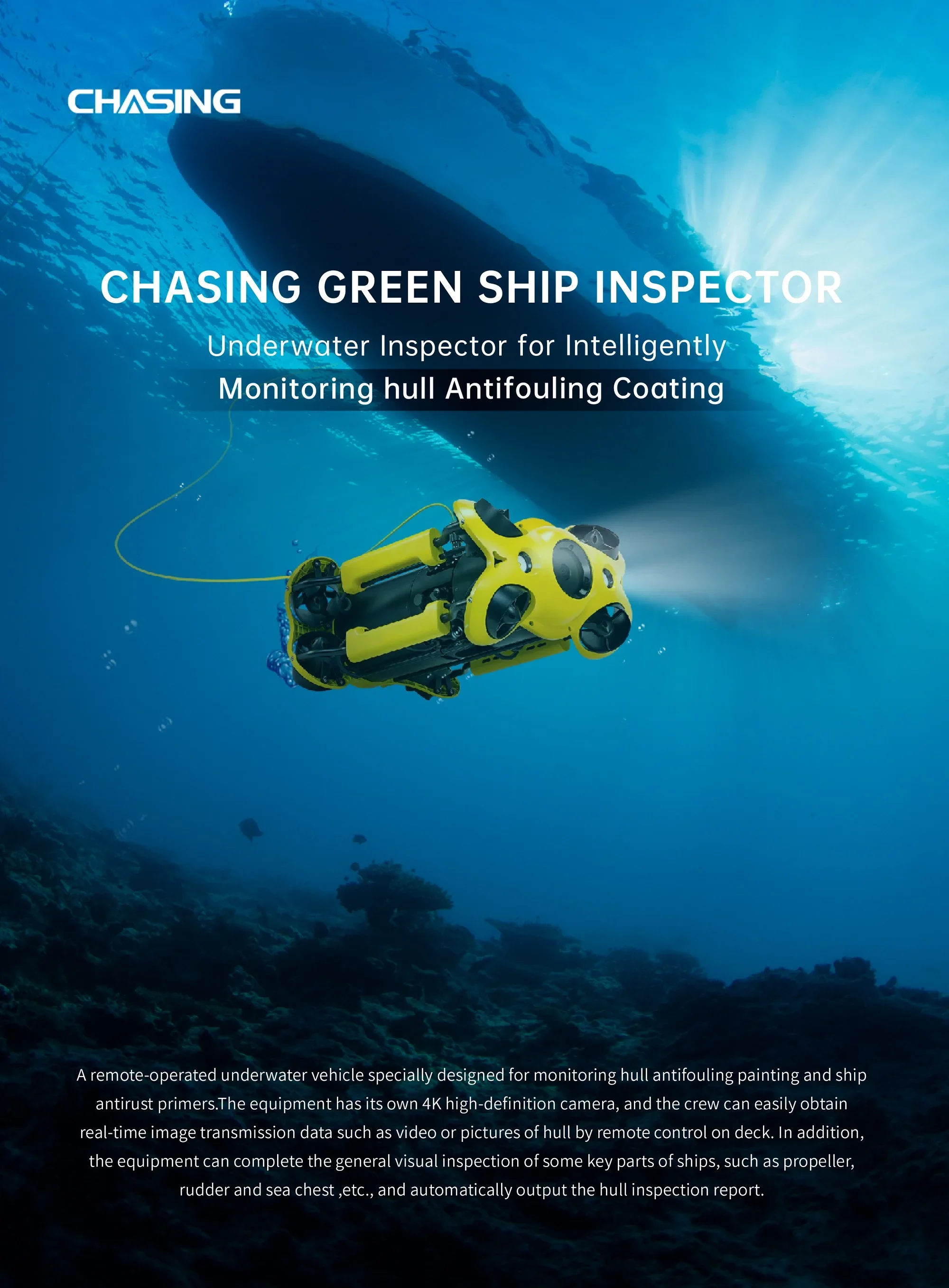 Robot bawah air yang dikabelkan dari jarak jauh untuk memeriksa cat anti fouling dan primer anti karat pada lambung